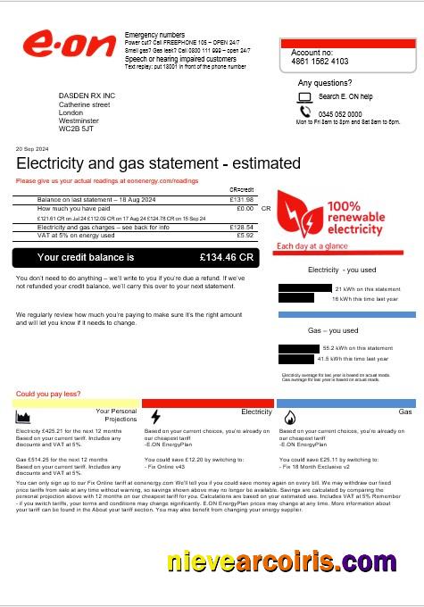 Premium United Kingdom E.ON Business Utility Bill Template In Word And PDF Formats, Version 4