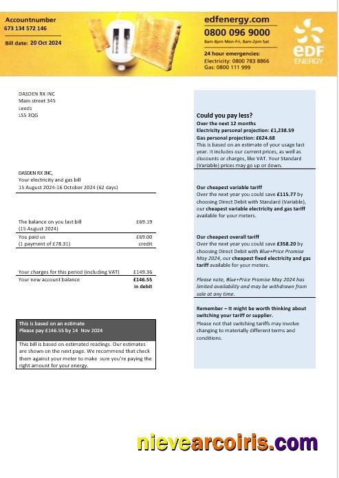 United Kingdom EDF Energy Electricity And Gas Business Utility Bill Word And PDF Formats, Version 2 Preview