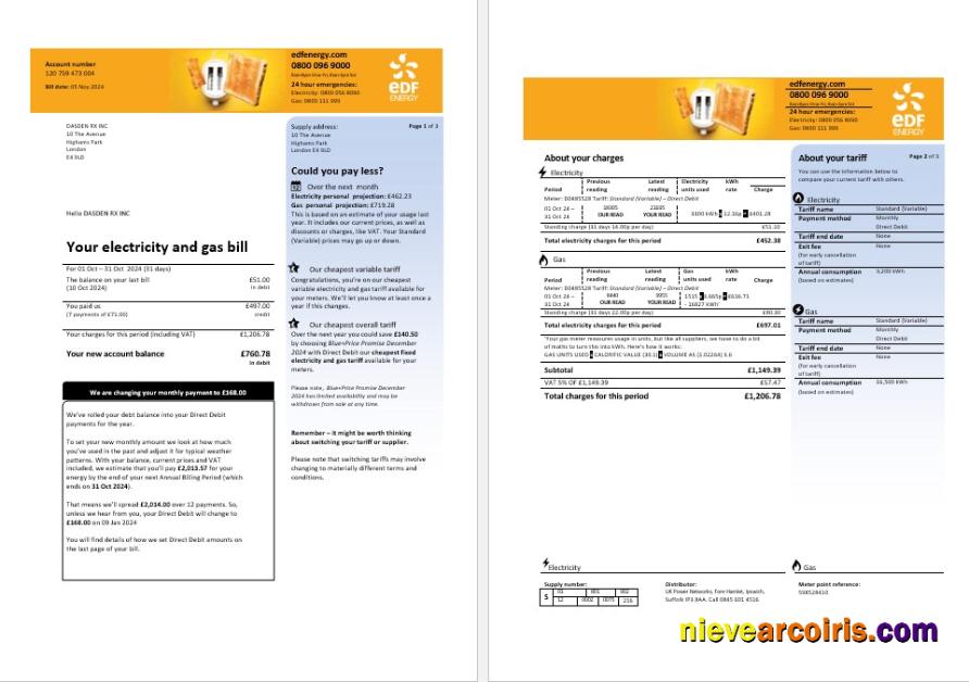 Realistic United Kingdom EDF Business Utility Bill Template In Word And PDF Formats, 3 Pages