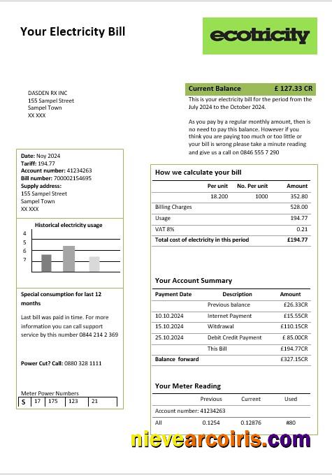 Realistic United Kingdom Ecotricity Electricity Business Utility Bill Template In Word And PDF Formats