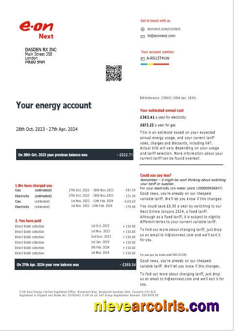 United Kingdom Eon Gas And Electricity Business Utility Bill In Word And PDF Formats, Version 7 Preview