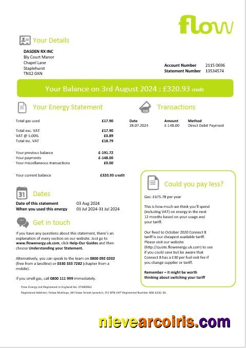 Editable United Kingdom Flow Energy Business Utility Bill Template In Word And PDF Formats