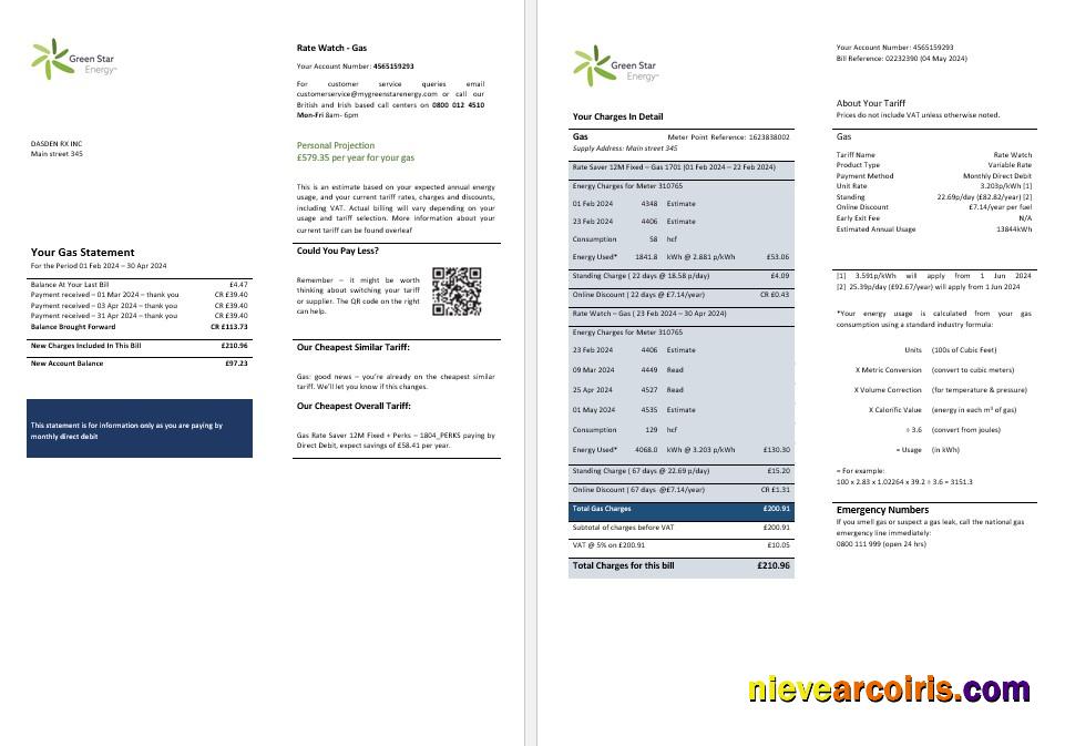 United Kingdom Green Star Energy Energy Business Utility Bill Word And PDF Formats, 3 Pages Sample