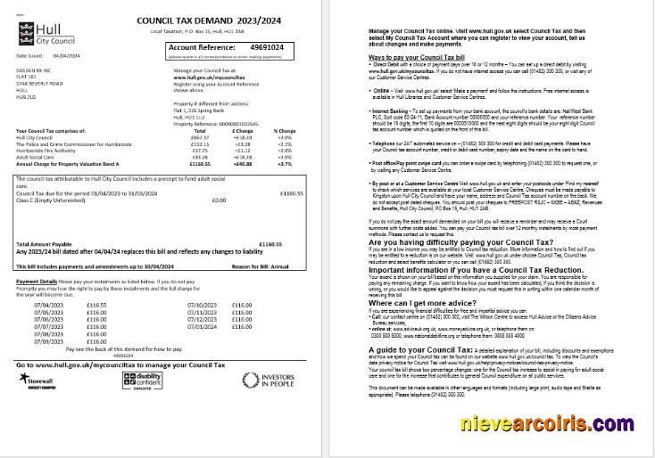 Professional United Kingdom Hull City Council Business Utility Bill Template In Word And PDF Formats, 2 Pages
