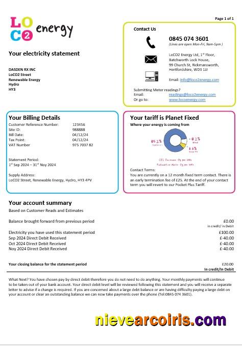 Premium United Kingdom LoCO2 Energy Business Utility Bill Template In Word And PDF Formats