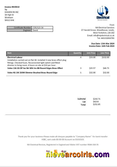 Editable United Kingdom MJ Electrical Proof Of Address Business Utility Bill Template In Word And PDF Formats