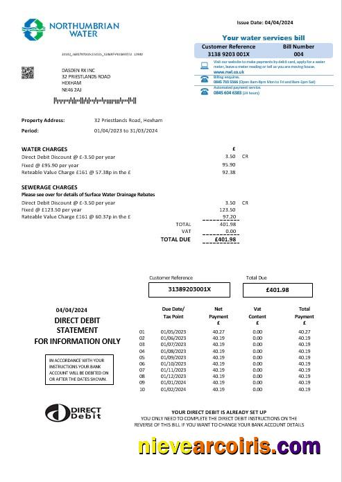 Editable United Kingdom Northumbrian Water Business Utility Bill Template In Word And PDF Formats, Version 2