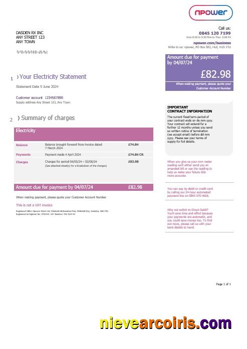 Professional United Kingdom Npower Business Utility Bill, Word And PDF Template