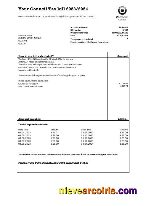 Editable United Kingdom Oldham Council Tax Business Utility Bill Template In Word And PDF Formats
