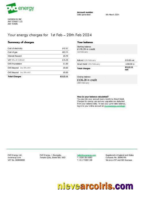 Professional United Kingdom Ovo Energy Electricity Business Utility Bill, Word And PDF Template