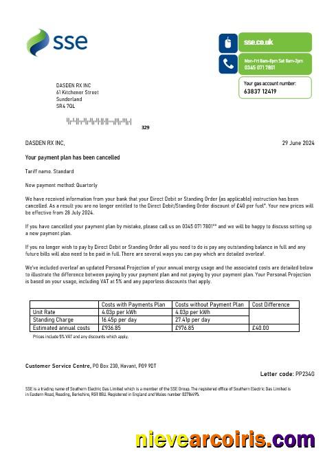 Editable United Kingdom SSE Energy Business Utility Bill Template In Word And PDF Formats, Version 1