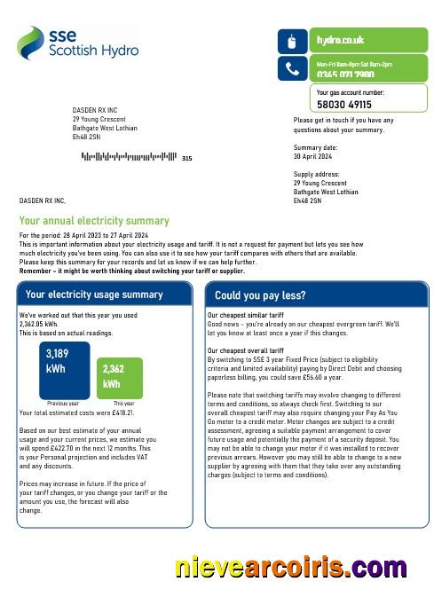 Premium United Kingdom SSE Energy Business Utility Bill Template In Word And PDF Formats, Version 2