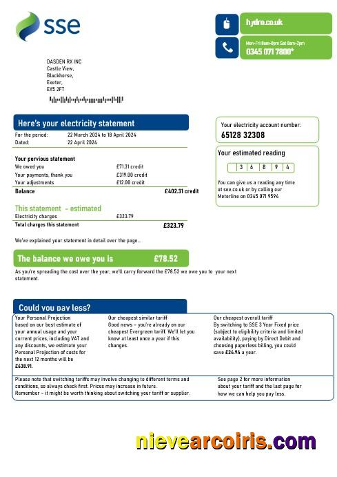 Editable United Kingdom SSE Energy Business Utility Bill Template In Word And PDF Formats, Version 3