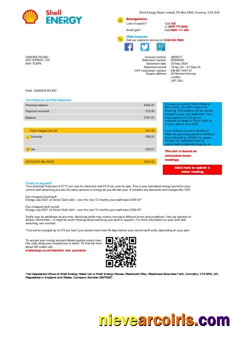 Realistic United Kingdom Shell Energy Business Utility Bill Template Word And PDF Template