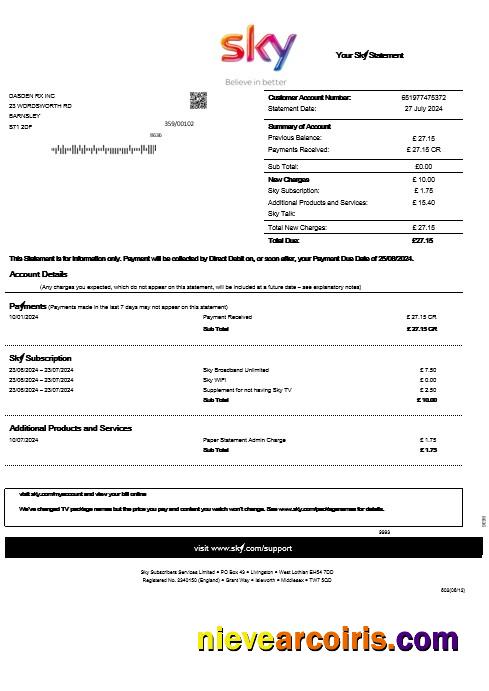 Realistic United Kingdom Sky Business Utility Bill Statement Template In Word And PDF Formats