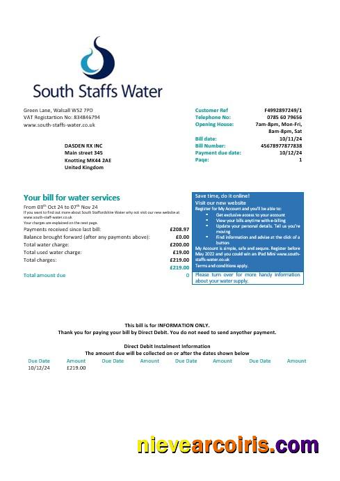 United Kingdom South Staffs Water Water Business Utility Bill Word And PDF Formats, Version 2 Sample