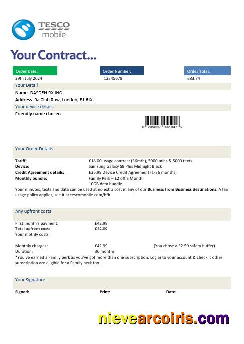 Editable United Kingdom Tesco Mobile Business Utility Bill Template In Word And PDF Formats