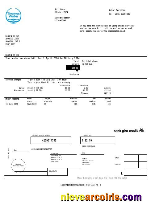 Editable United Kingdom Thames Water Business Utility Bill Template In Word And PDF Formats