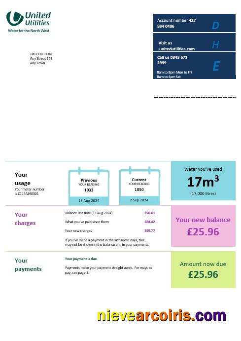 Editable United Kingdom United Utilities Business Utility Bill Word And PDF Template