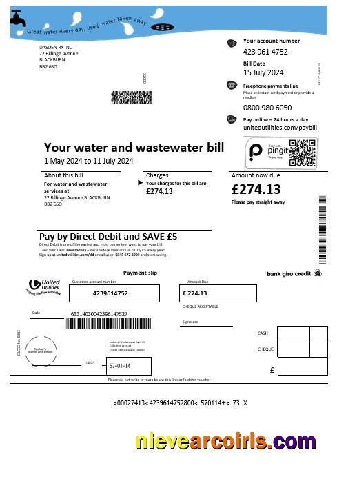 Realistic United Kingdom United Utilities Water Business Utility Bill Template In Word And PDF Formats