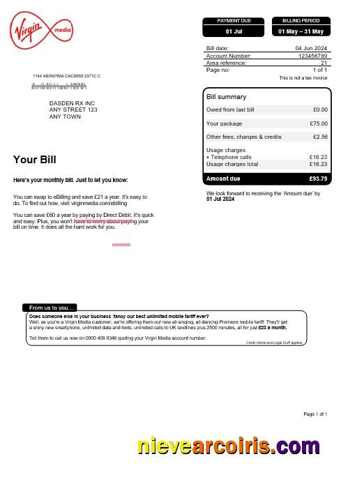 Realistic United Kingdom Virgin Media Business Utility Bill, Word And PDF Template