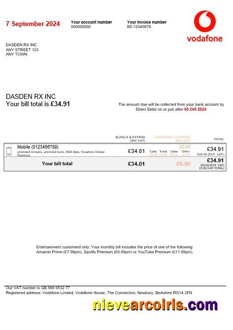 Realistic United Kingdom Vodafone Business Utility Bill Word And PDF Template
