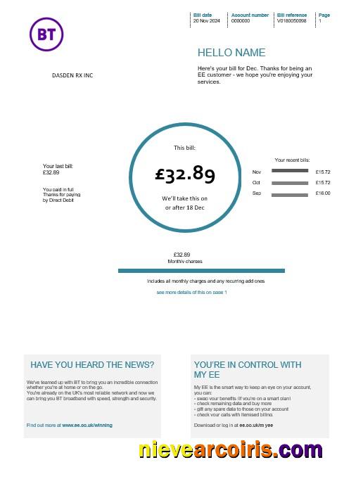 Editable United Kingdom BT Telecommunications Business Utility Bill Template