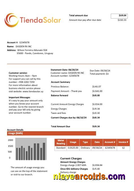 Professional Uruguay TiendaSolar Business Utility Bill Template In Word And PDF Formats