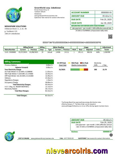 Professional Uzbekistan GreenWorld Business Utility Bill Template In Word And PDF Format, Fully Editable
