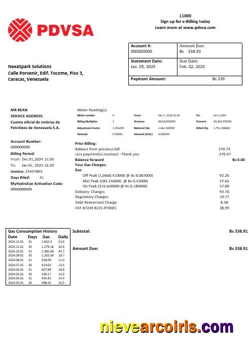 Editable Venezuela PDVSA Gas Business Utility Bill Template In Word And PDF Formats