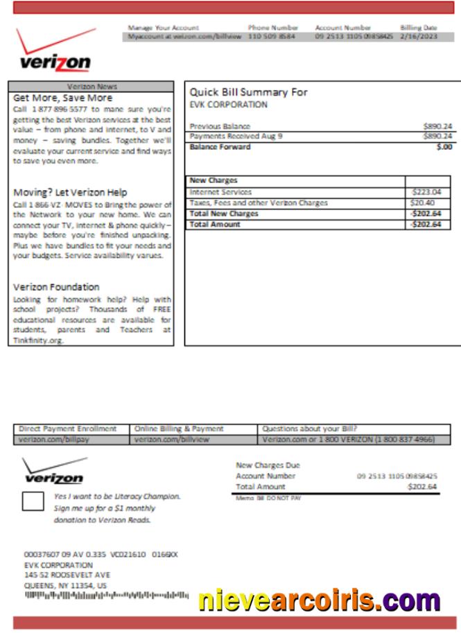 Verizon Utility Business Bill, SCR Template