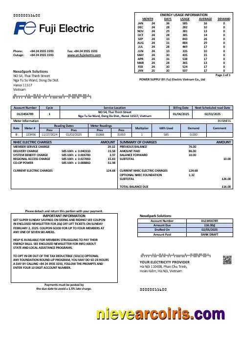 Professional Vietnam Fuji Electric Vietnam Co. Business Utility Bill Template In Word Formats