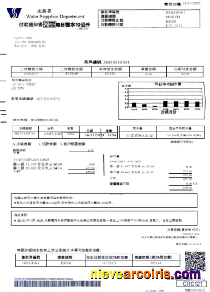 Water Supplies Department Utility Business Bill SCR Template
