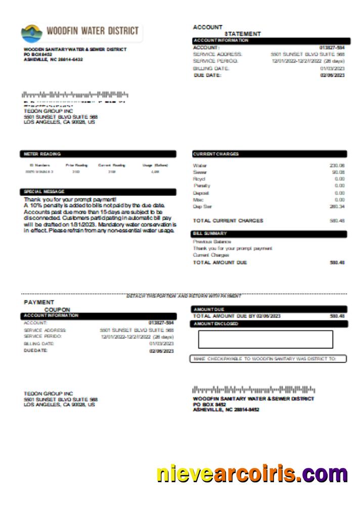 Woodfin Sanitary Water & Sewer District Utility Business Bill, SCR Sample