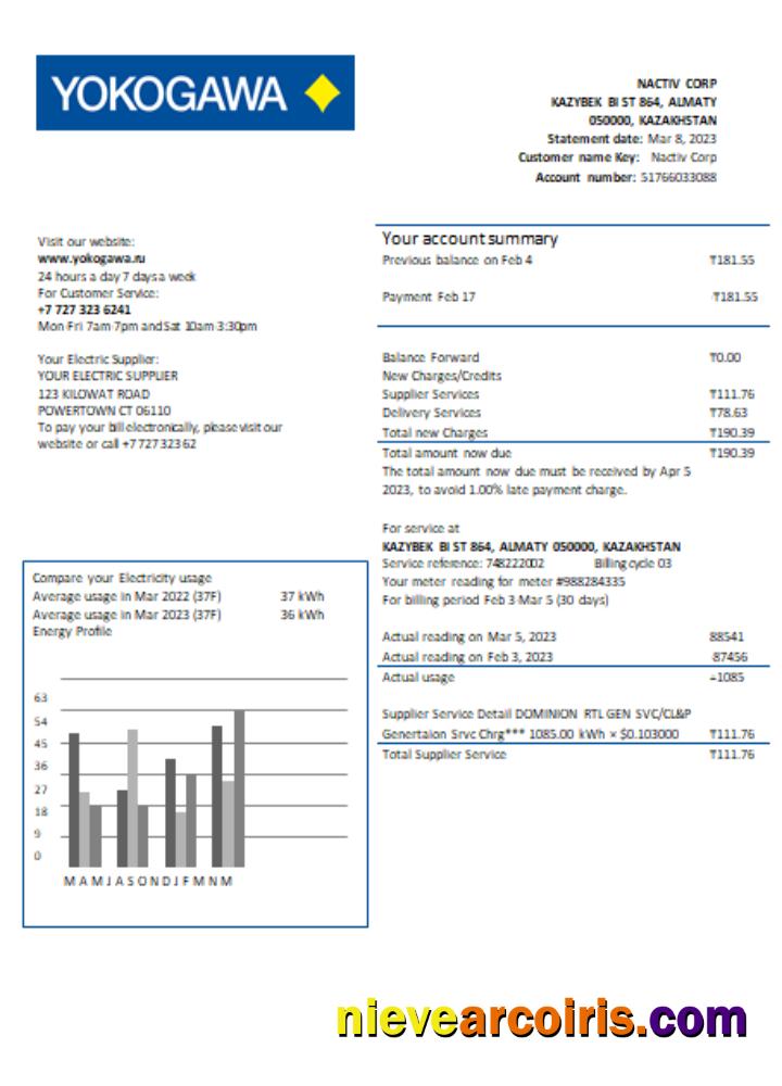 Yokogawa Electric Kazakhstan Ltd. Utility Business Bill, SCR Sample