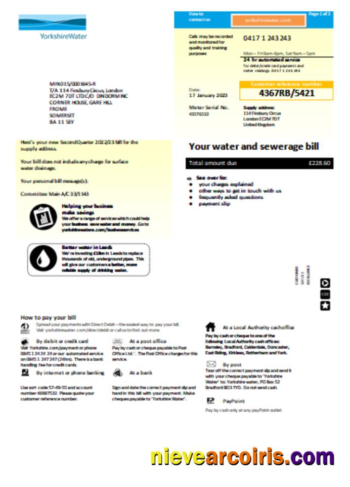 Yorkshire Water Utility Business Bill, Page 1 SCR Photolook