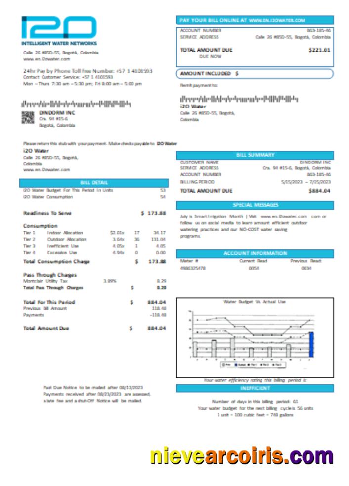 I2O Water (Colombia) Utility Business Bill, SCR Sample