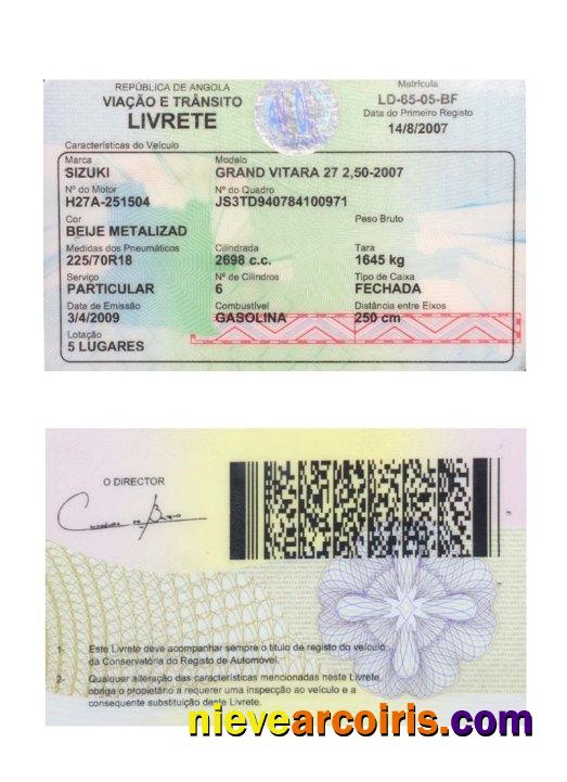 Angola Vehicle Registration Card Sample