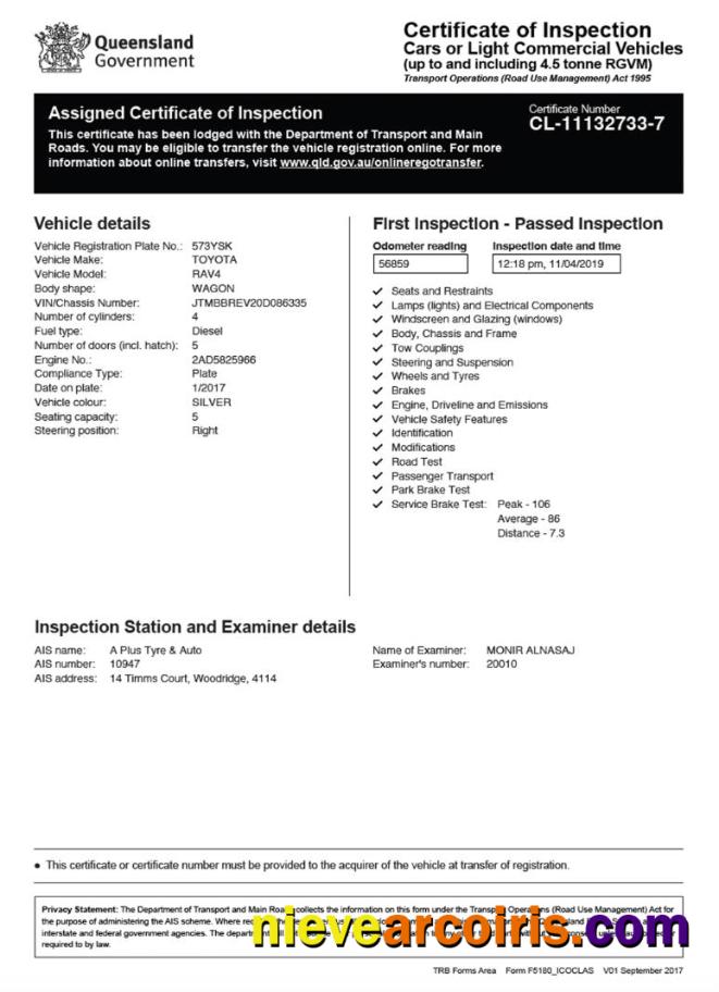 Australia Queensland Certificate Of Vehicle Inspection Template