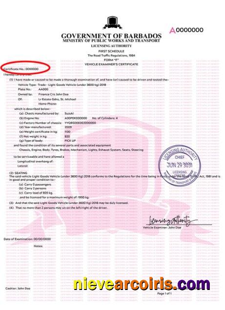 Barbados Vehicle Registration Certificate Sample
