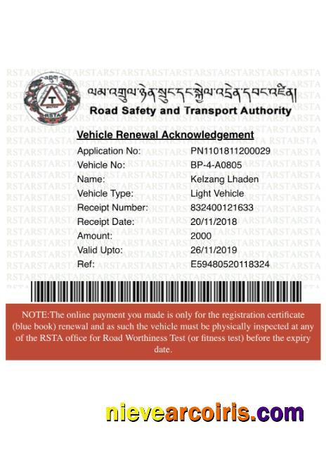 Bhutan Vehicle Registration Certificate Sample