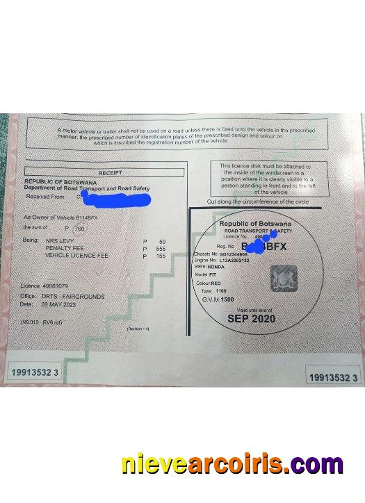 Botswana Vehicle Registration Certificate Template