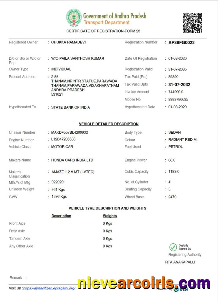 India Andhra Pradesh State Vehicle Registration Certificate Template