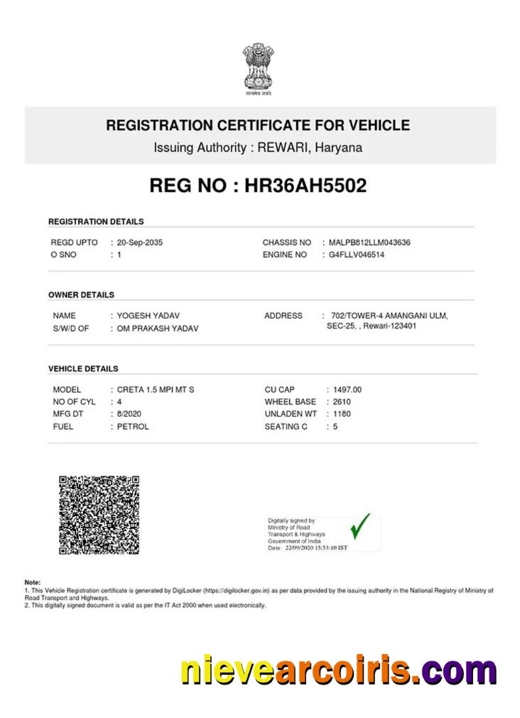 India Vehicle Registration Certificate Template