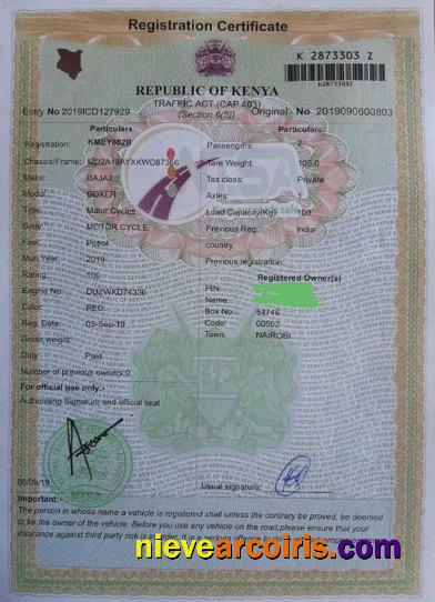 Kenya Vehicle Registration Certificate Sample