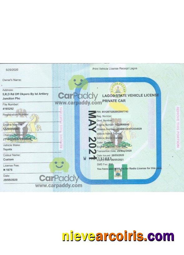 Lagos Vehicle Registration Certificate Photolook