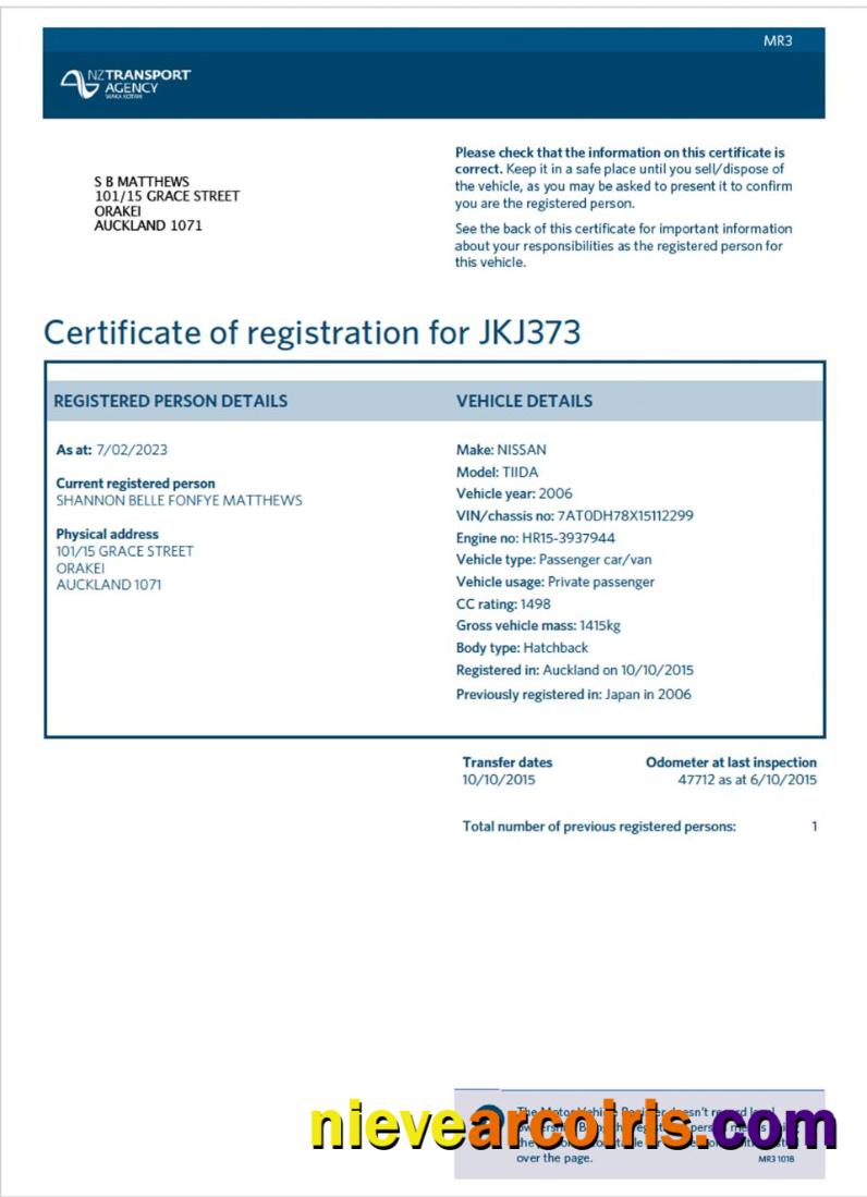 New Zealand Vehicle Registration Certificate Sample