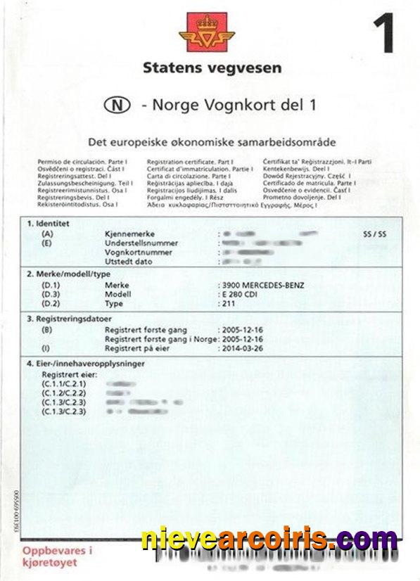 Norway Vehicle Registration Certificate Preview