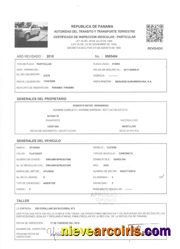 Panama Vehicle Registration Certificate Sample