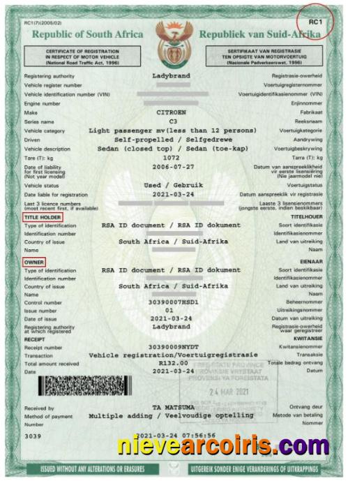 South Africa Motor Vehicle Registration Certificate Photolook